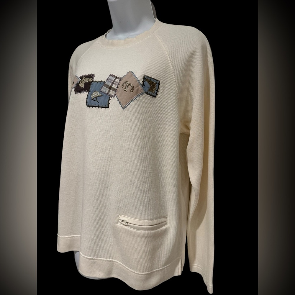 MONTEREY‎ BY KORET WOMENS PULLOVER SWEATER RIBBED HORSE PATCHES VTG 90s M
